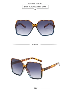 Vues de face et de côté de lunettes de soleil carrées oversize avec dégradé bleu écaille