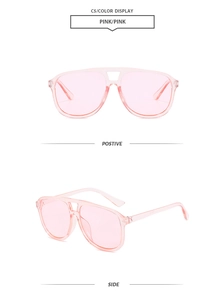 Close-up of pink pilot sunglasses showing the front and side views in clear resin