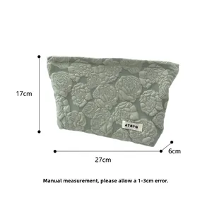 Detailed size guide for large mint green rose embossed fabric cosmetic bag