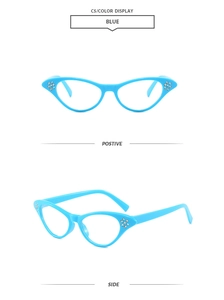 Detail view of light blue cat-eye sunglasses frames with stylish silver rivets on the edges