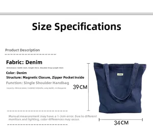 Detail view of denim tote bag showing 34x39cm dimensions and internal zipper pocket