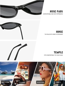Details of cat-eye sunglasses featuring comfortable nose pads and reinforced hinges