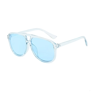 Modern aviator sunglasses featuring a transparent resin frame and light blue tinted lenses