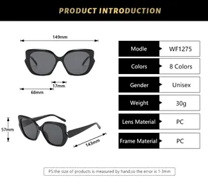 Detailed size chart for oversized cat eye sunglasses showing PC frame dimensions and weight