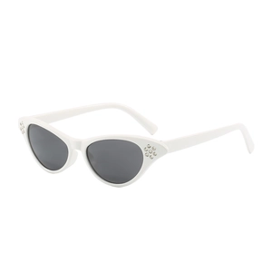 Retro cat-eye sunglasses with white frame, dark grey lenses and rhinestone accents