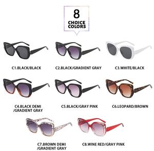 Detailed grid view showing eight trendy oversized cat-eye sunglasses in various colors