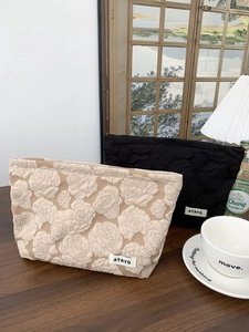 Minimalist large-capacity rose jacquard cosmetic bags in beige and black variants