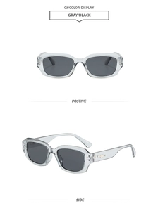 Front and side view of vintage square sunglasses with gray frames and black lenses