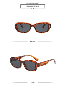 Detail view of retro leopard print square sunglasses with dark grey lenses and metal accents