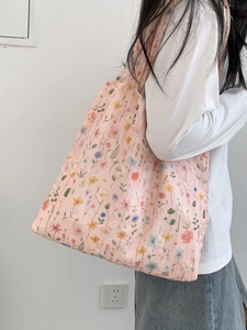 Grand sac fourre-tout en toile rose à broderie florale, sac à épaule style coréen décontracté