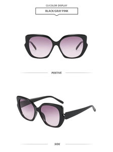 Detailed views of oversized cat-eye sunglasses with black frames and purple gradient lenses