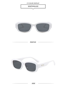Detailed front and side views of white rectangular sunglasses with silver metal accents