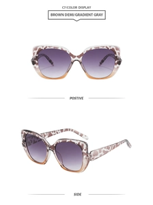 Detail of brown demi cat-eye sunglasses with gradient gray lenses from multiple angles