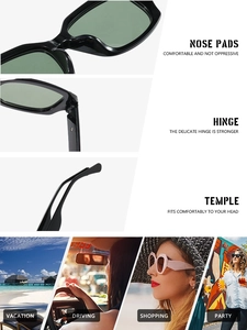 Detail view of square sunglasses with reinforced hinges and nose pads for driving