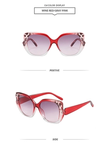 Detailed views of wine red cat eye sunglasses with leopard print frame details
