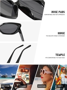 Detail view of reinforced metal hinges and ergonomic temples on black cat-eye sunglasses