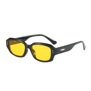 Vintage black square sunglasses with yellow lenses and silver lightning temple detail