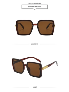 Detail view of square brown sunglasses with premium gold metal hinge accents