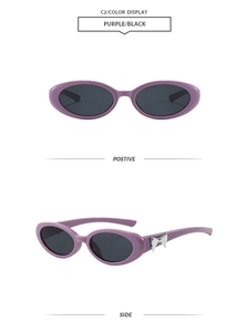 Détail de lunettes de soleil ovales violettes avec nœuds en métal argenté et verres noirs