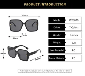 Detailed size chart for square oversized sunglasses with frame dimensions and specs