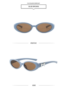 Détail de lunettes de soleil ovales bleues avec nœud argenté et vue latérale