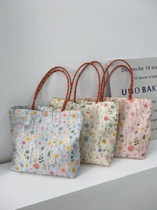 Floral Embroidered Canvas Tote Handbag With Colorful Woven Handle Magnetic Buckle Pastoral Fresh Style For Women