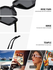 Detail view of square sunglasses with integrated nose pads and durable metal hinges