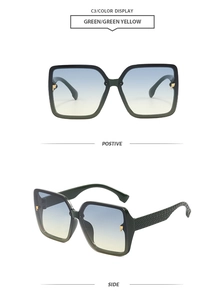 Detail of square sunglasses featuring green frames and FF monogram texture on temples