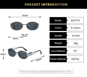 Detailed size chart for Y2K oval sunglasses with heart cut-out metal temples and measurements