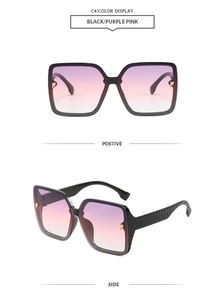 Detail view of square sunnies with gradient lenses and gold metallic hinge accents