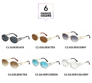 Detail showing Y2K oval sunglasses in six colors with hollow heart metal temples