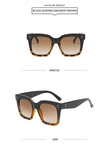 Détails de lunettes de soleil carrées léopard avec verres dégradés et clous en métal