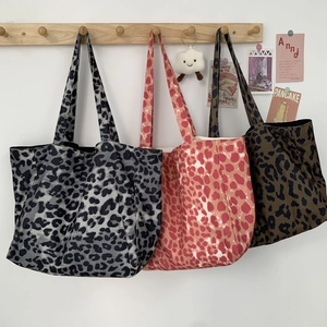 Women Leopard Print Tote Bag Large Capacity Corduroy Shoulder Bag Korean Style Lazy Casual Niche Handbag Magnetic Closure