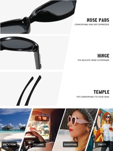 Détails de lunettes de soleil ovales avec charnières renforcées et plaquettes de nez