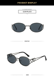 Detail view of Y2K oval sunglasses with unique heart-shaped hollow-out temple design