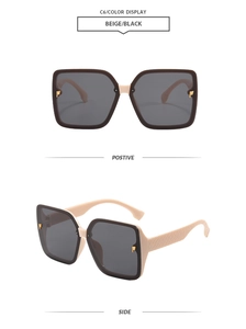 Detailed views of square oversized sunglasses with beige temples and gold-tone logo hinges