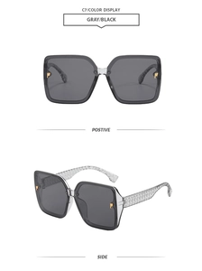 Detailed views of square gray sunglasses with gold F-logo hinges and patterned temples
