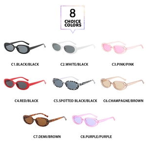 Matrix display of oval sunglasses in 8 assorted retro colors on a white background