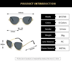 Tableau des tailles pour lunettes de soleil en métal et strass avec dimensions précises