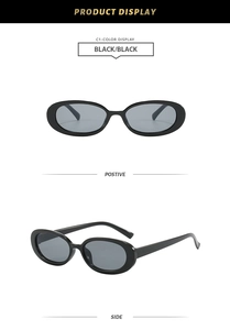 Detail view of black oval sunglasses featuring front and side profiles on white background