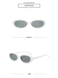 Detail view of oval white frame sunglasses with dark lenses from front and side angles