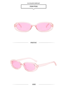 Front and side view of retro oval sunglasses with transparent pink frames and lenses