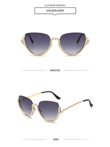 Détails de face et de profil de lunettes de soleil cat-eye dorées avec perles décoratives