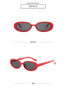 Front and side views of trendy oval red sunglasses with dark protective lenses
