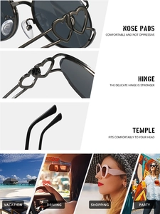 Detail of Y2K oval sunglasses with metal heart hinge and versatile lifestyle scenes