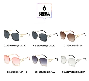 Detailed grid of rimless square sunglasses in six colors with heart-shaped temple accents