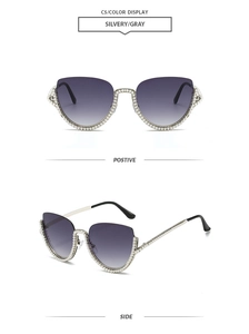 Lunettes de soleil œil de chat argentées avec monture ornée de perles et verres dégradés