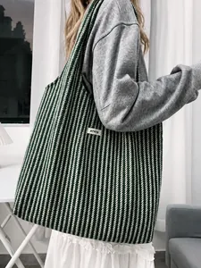 Green and white herringbone knit tote bag with large capacity for autumn and winter