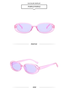 Front and side view of retro small oval sunglasses with pink frames and purple lenses