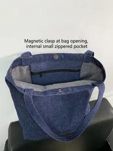 Large capacity navy denim tote bag with magnetic clasp and internal zipper pocket